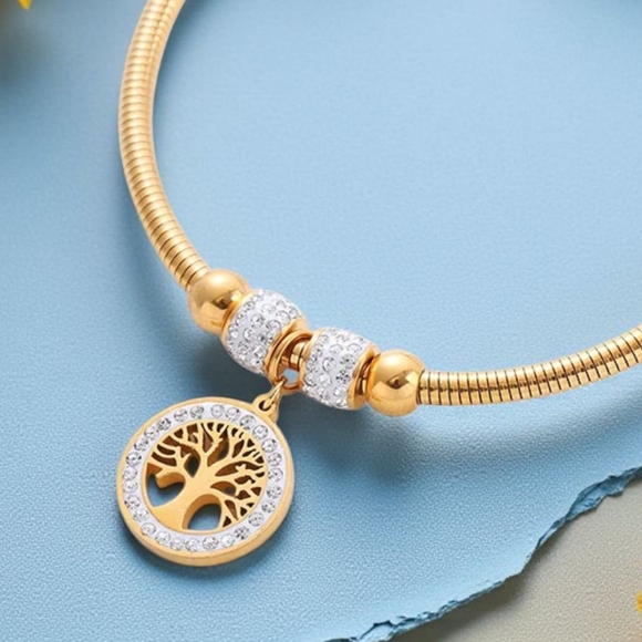 ๐๏ธ18K Gold Plated Stainless Steel Bangle with Tree of Life Charm FREE Earrings - Picture 5 of 13